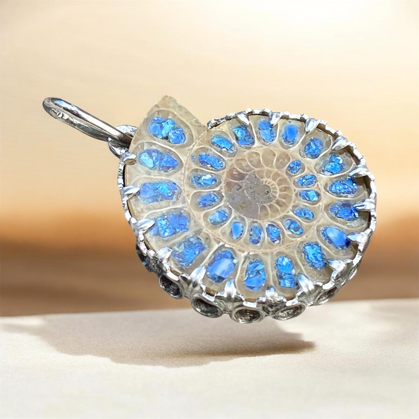One of a Kind Ammonite Pendant Delft Clay Cast Sterling Silver Turquoise Lapis Inlay sold