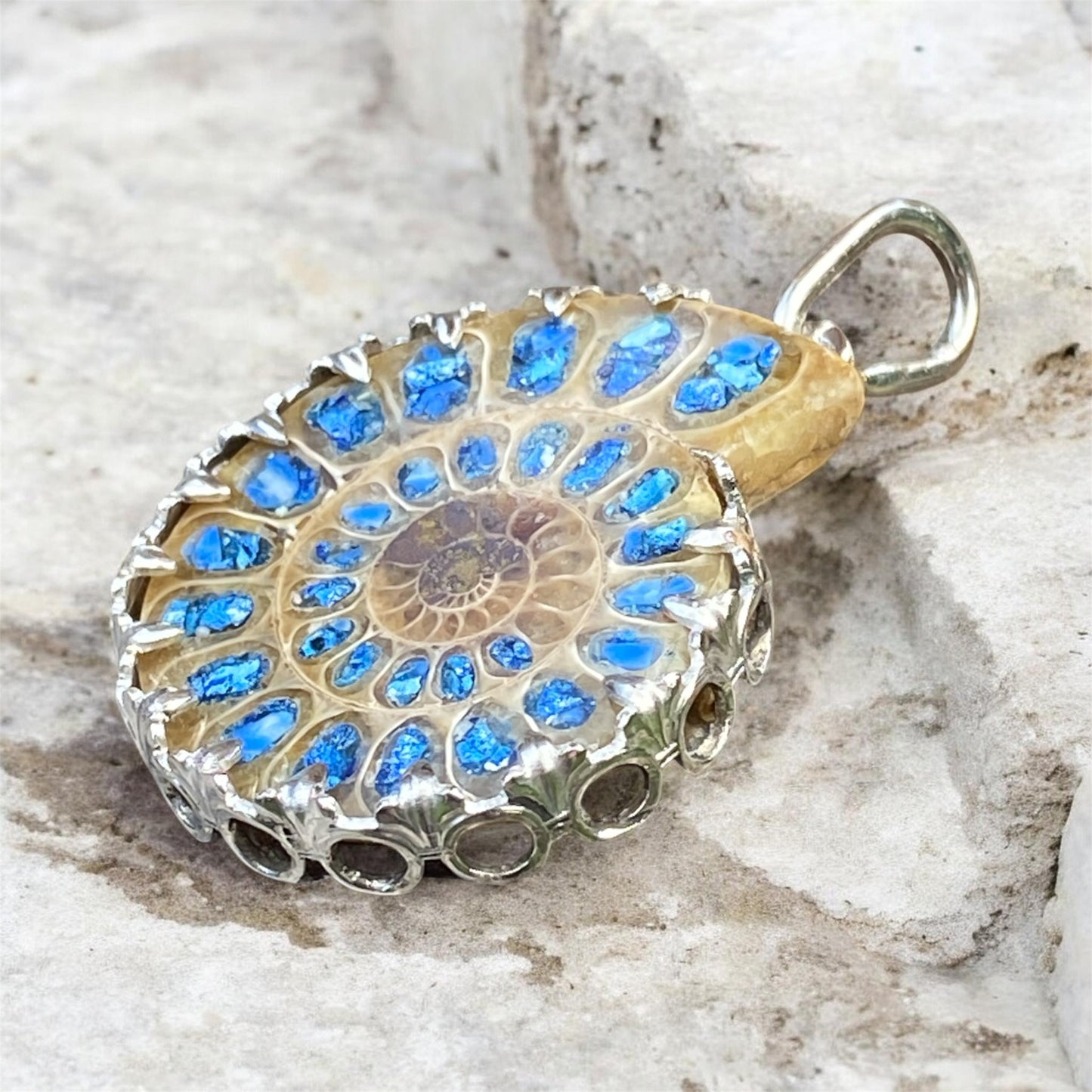 One of a Kind Ammonite Pendant Delft Clay Cast Sterling Silver Turquoise Lapis Inlay sold