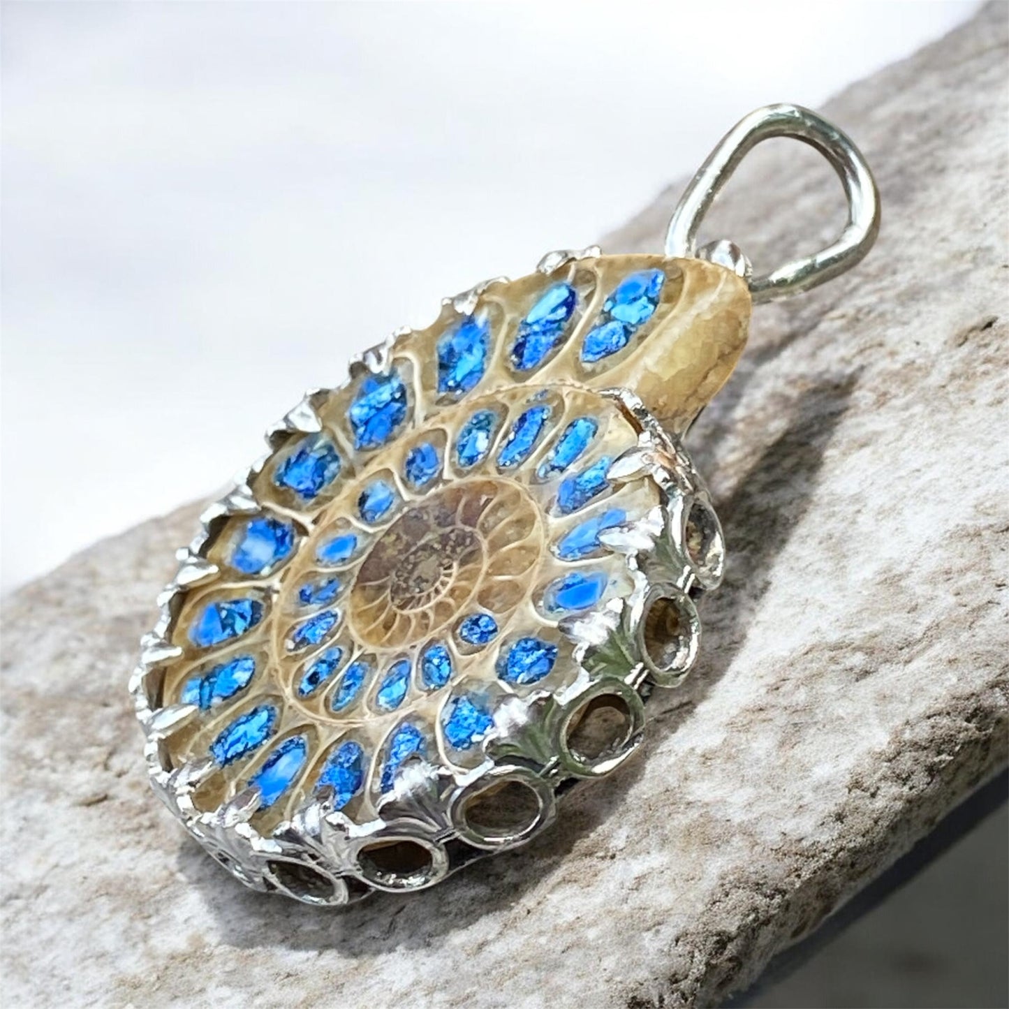 One of a Kind Ammonite Pendant Delft Clay Cast Sterling Silver Turquoise Lapis Inlay sold