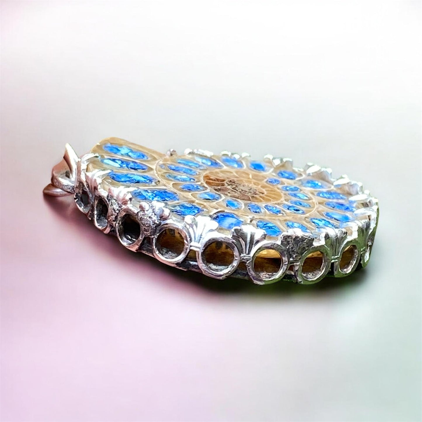One of a Kind Ammonite Pendant Delft Clay Cast Sterling Silver Turquoise Lapis Inlay sold