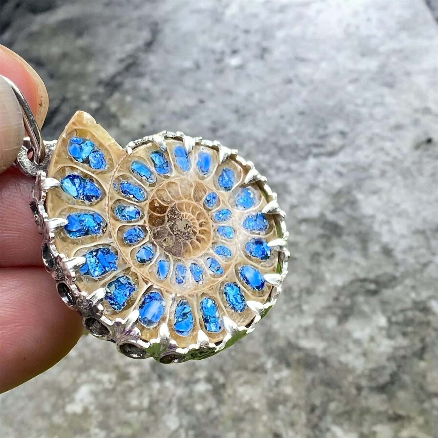 One of a Kind Ammonite Pendant Delft Clay Cast Sterling Silver Turquoise Lapis Inlay sold
