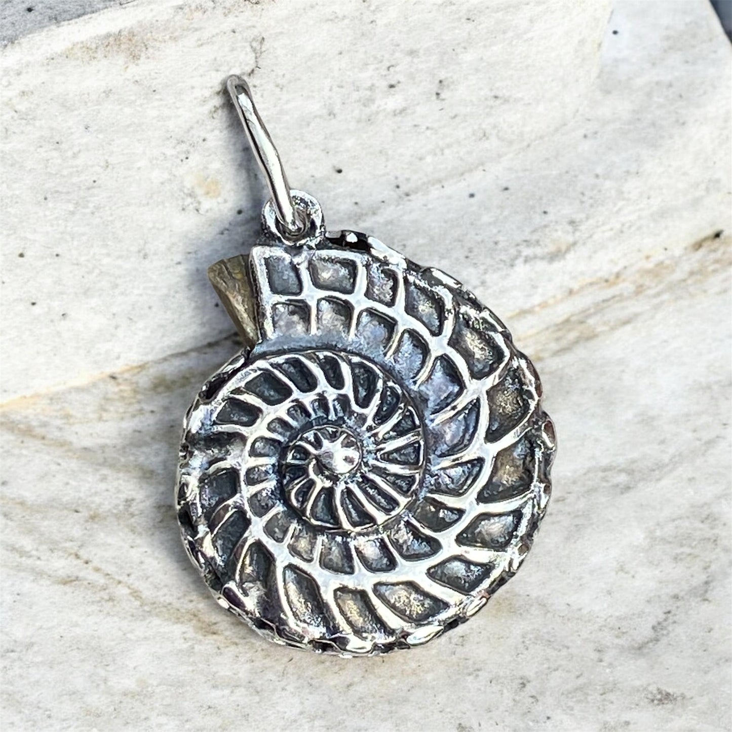 One of a Kind Ammonite Pendant Delft Clay Cast Sterling Silver Turquoise Lapis Inlay sold