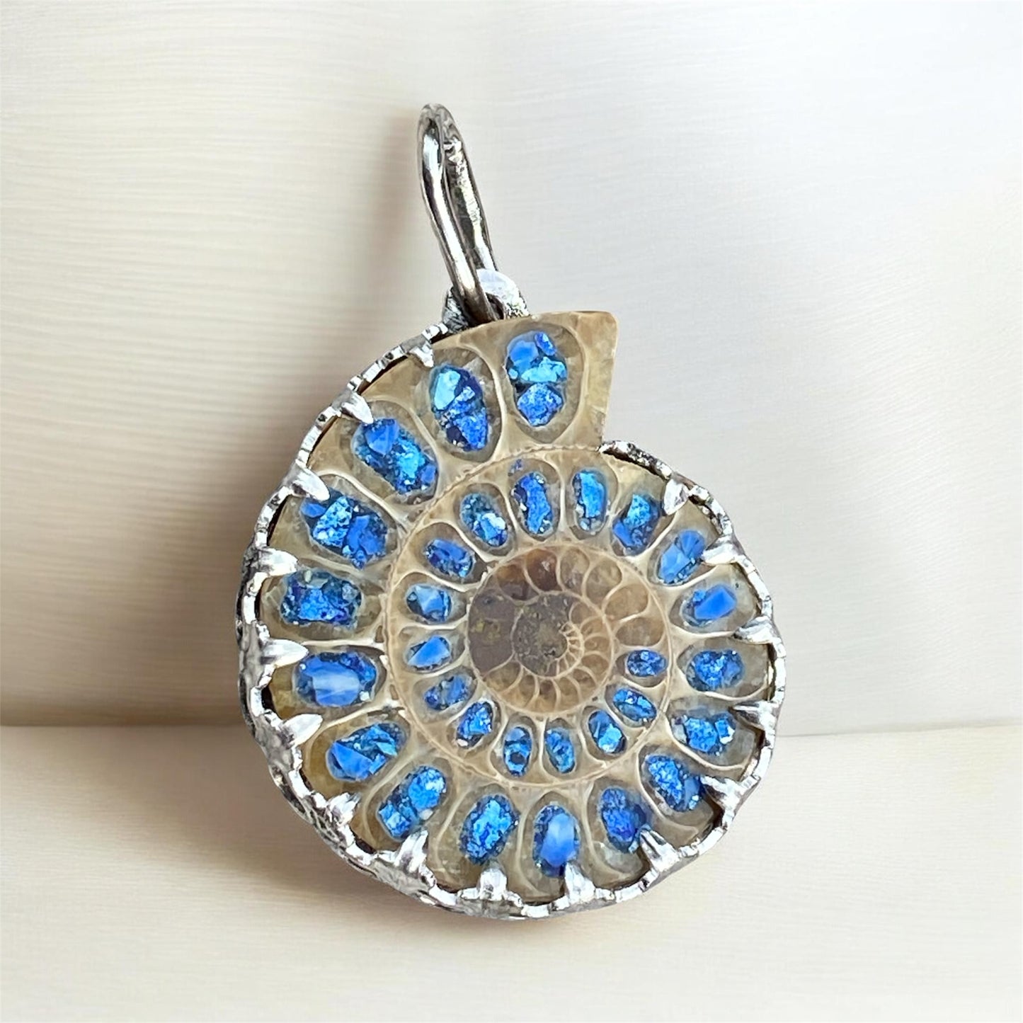 One of a Kind Ammonite Pendant Delft Clay Cast Sterling Silver Turquoise Lapis Inlay sold