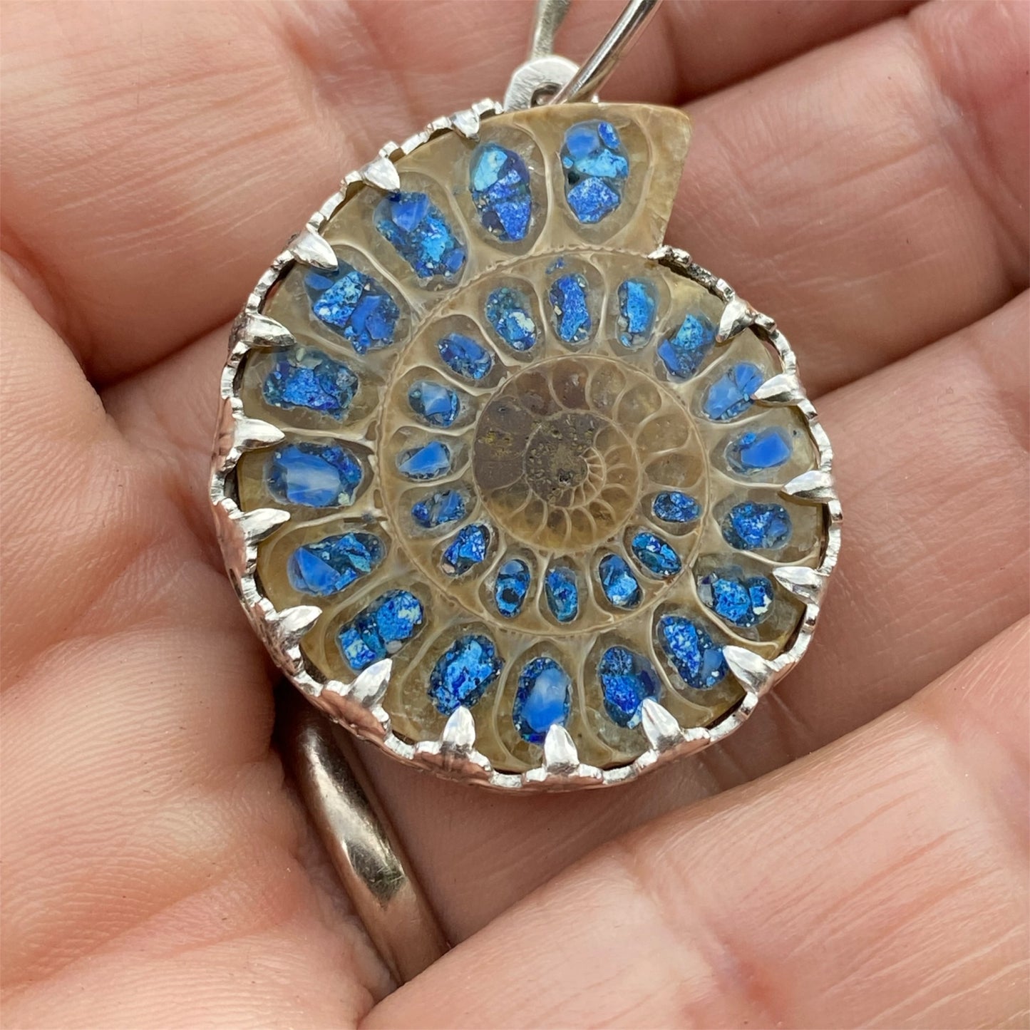 One of a Kind Ammonite Pendant Delft Clay Cast Sterling Silver Turquoise Lapis Inlay sold