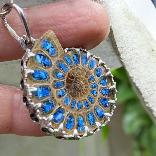 One of a Kind Ammonite Pendant Delft Clay Cast Sterling Silver Turquoise Lapis Inlay sold