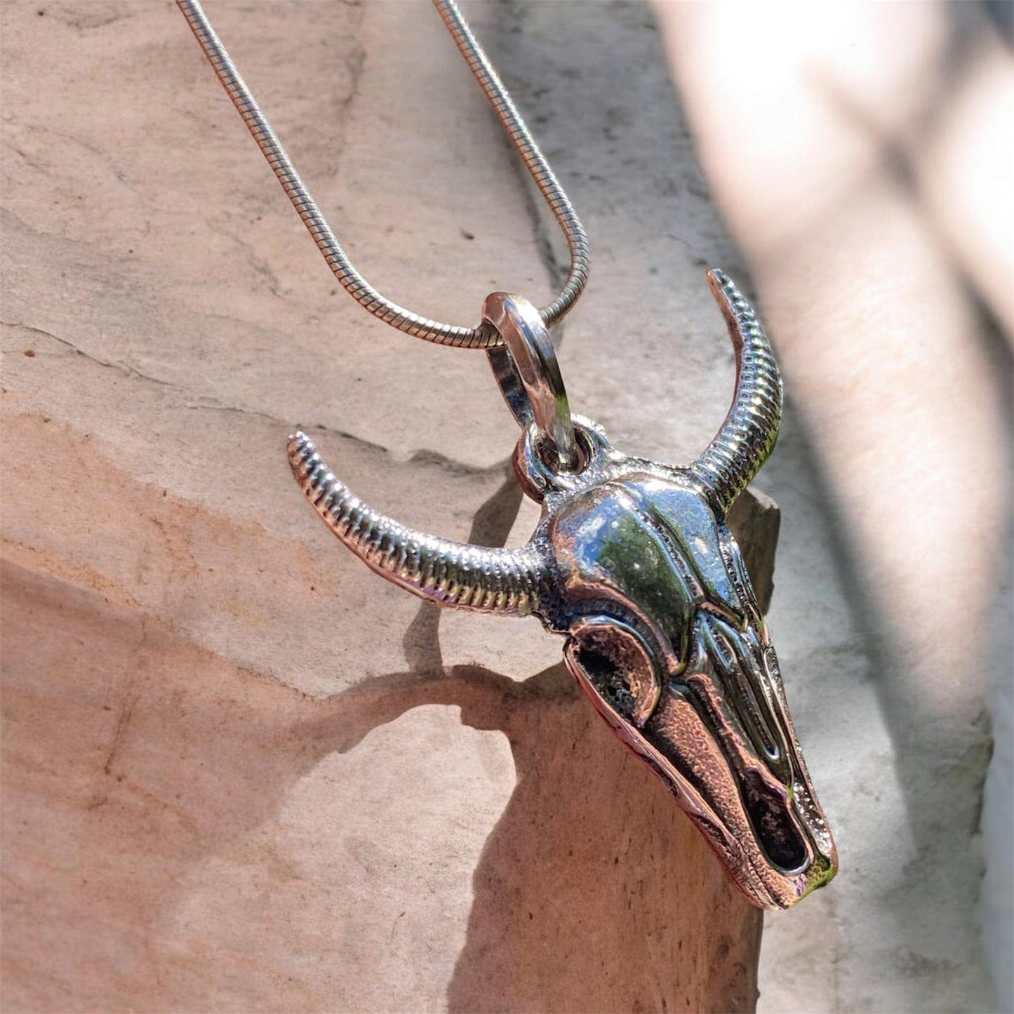 Sterling Silver Longhorn Skull Pendant Western Luxe Hand Cast Delft Clay