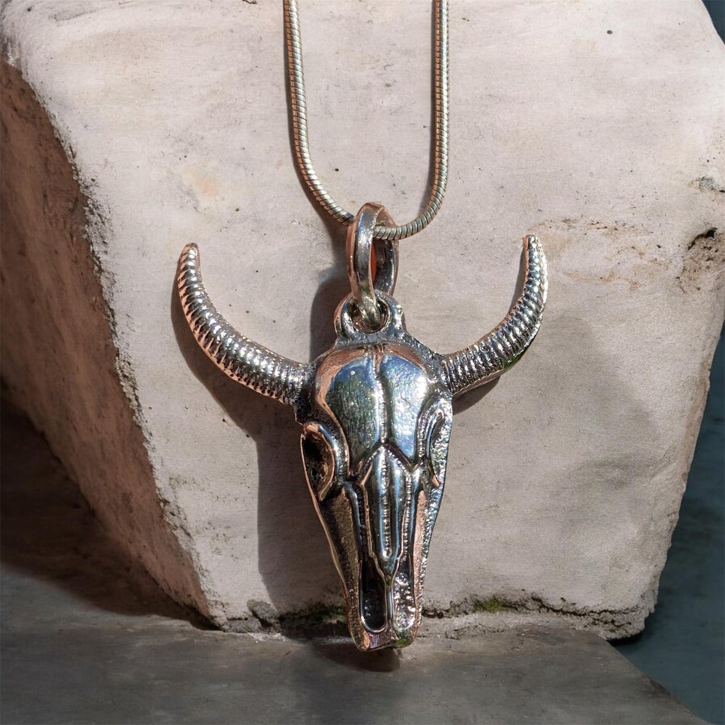 Sterling Silver Longhorn Skull Pendant Western Luxe Hand Cast Delft Clay