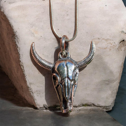 Sterling Silver Longhorn Skull Pendant Western Luxe Hand Cast Delft Clay