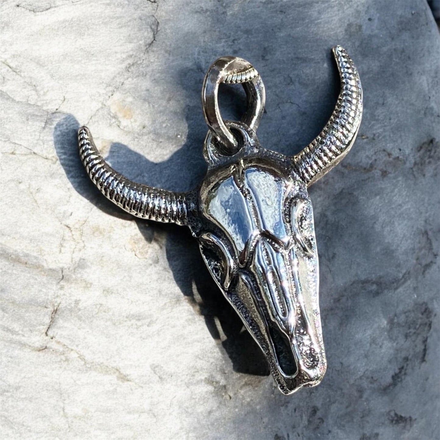Sterling Silver Longhorn Skull Pendant Western Luxe Hand Cast Delft Clay