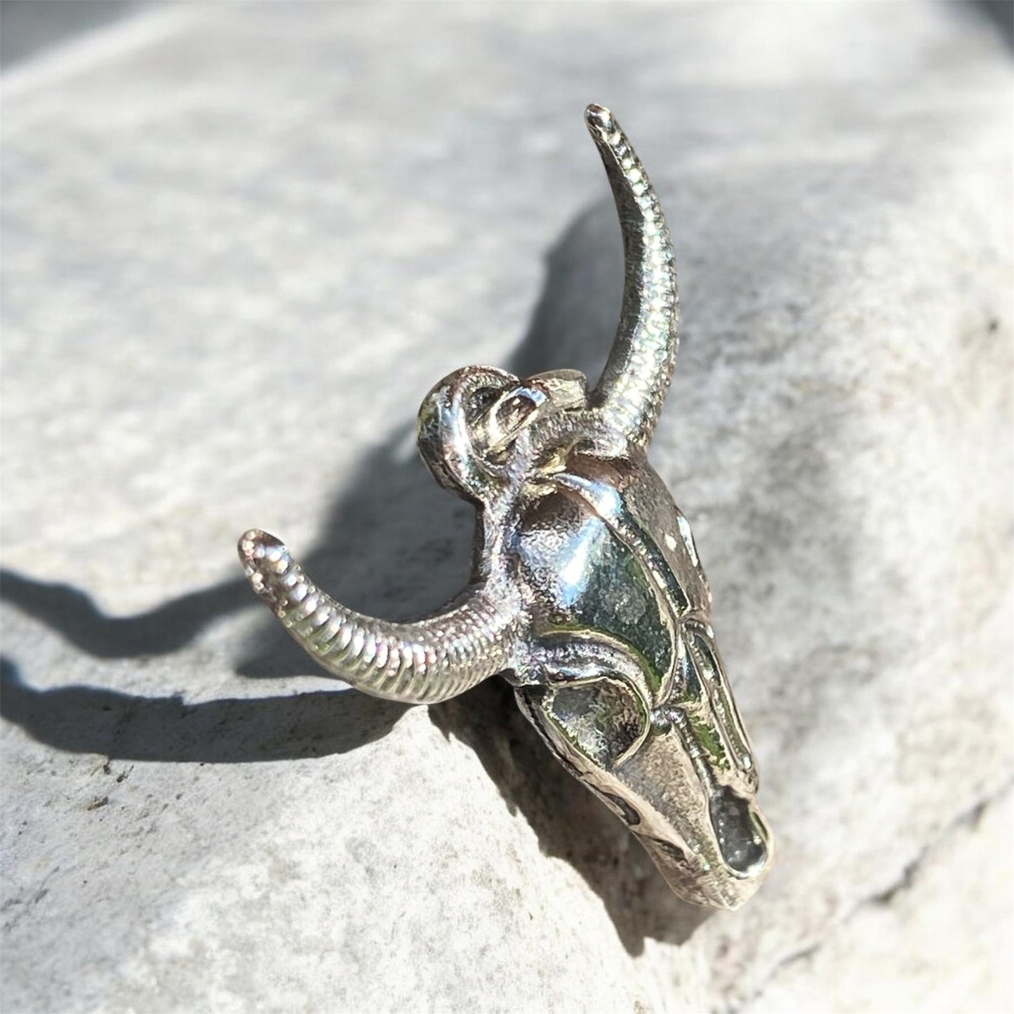 Sterling Silver Longhorn Skull Pendant Western Luxe Hand Cast Delft Clay