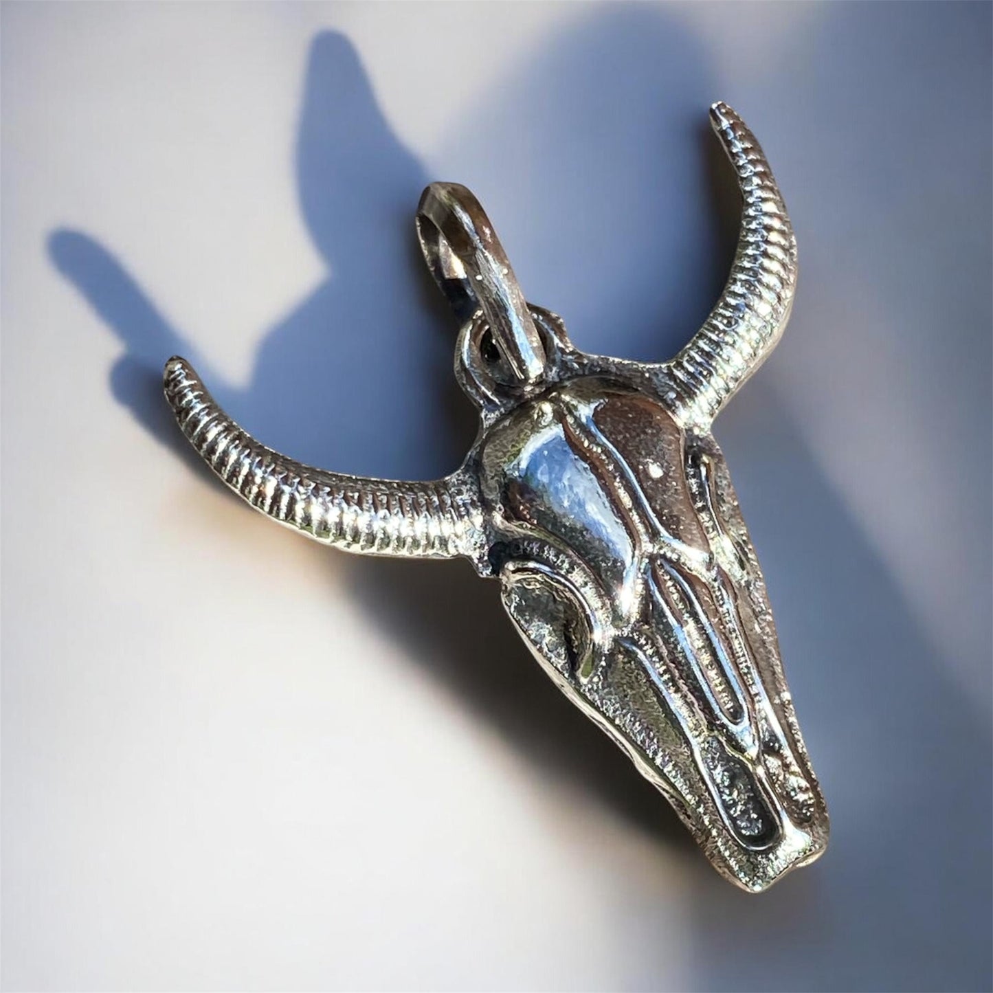 Sterling Silver Longhorn Skull Pendant Western Luxe Hand Cast Delft Clay