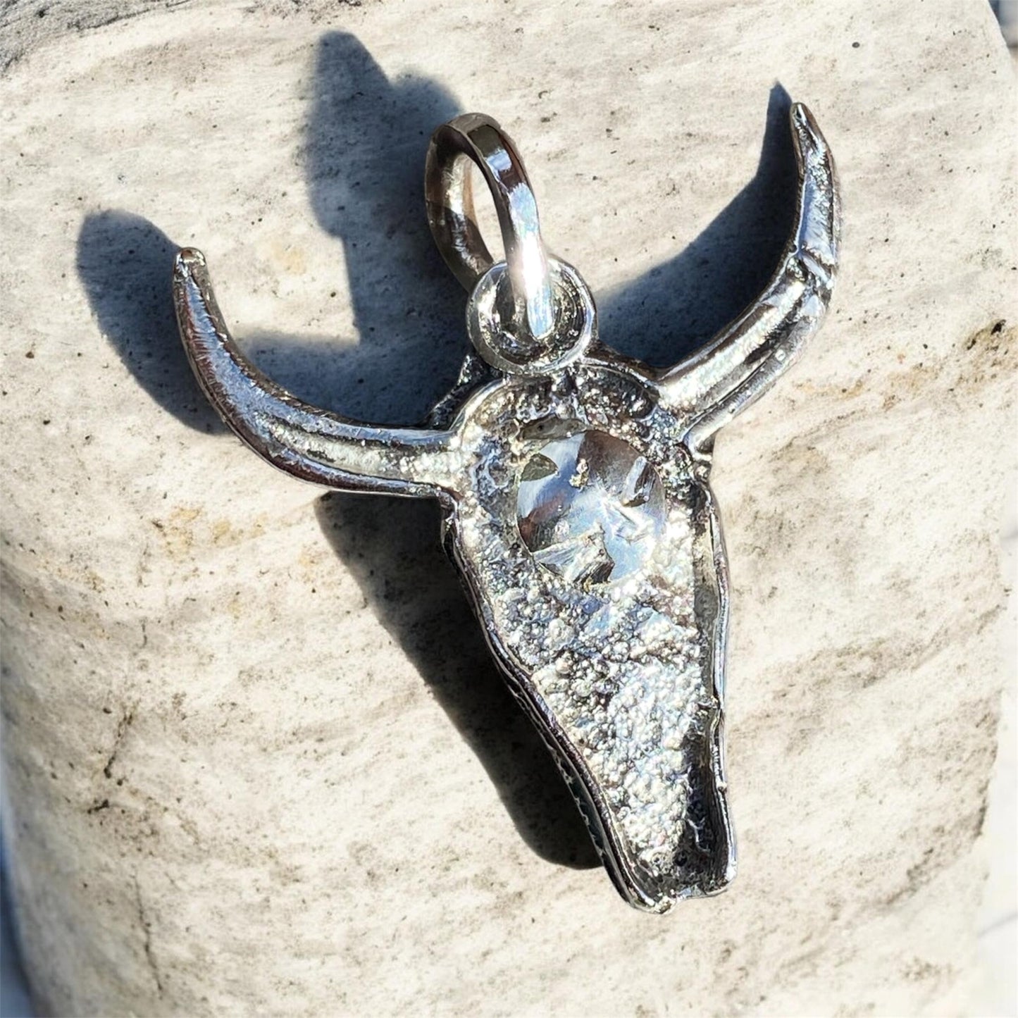 Sterling Silver Longhorn Skull Pendant Western Luxe Hand Cast Delft Clay