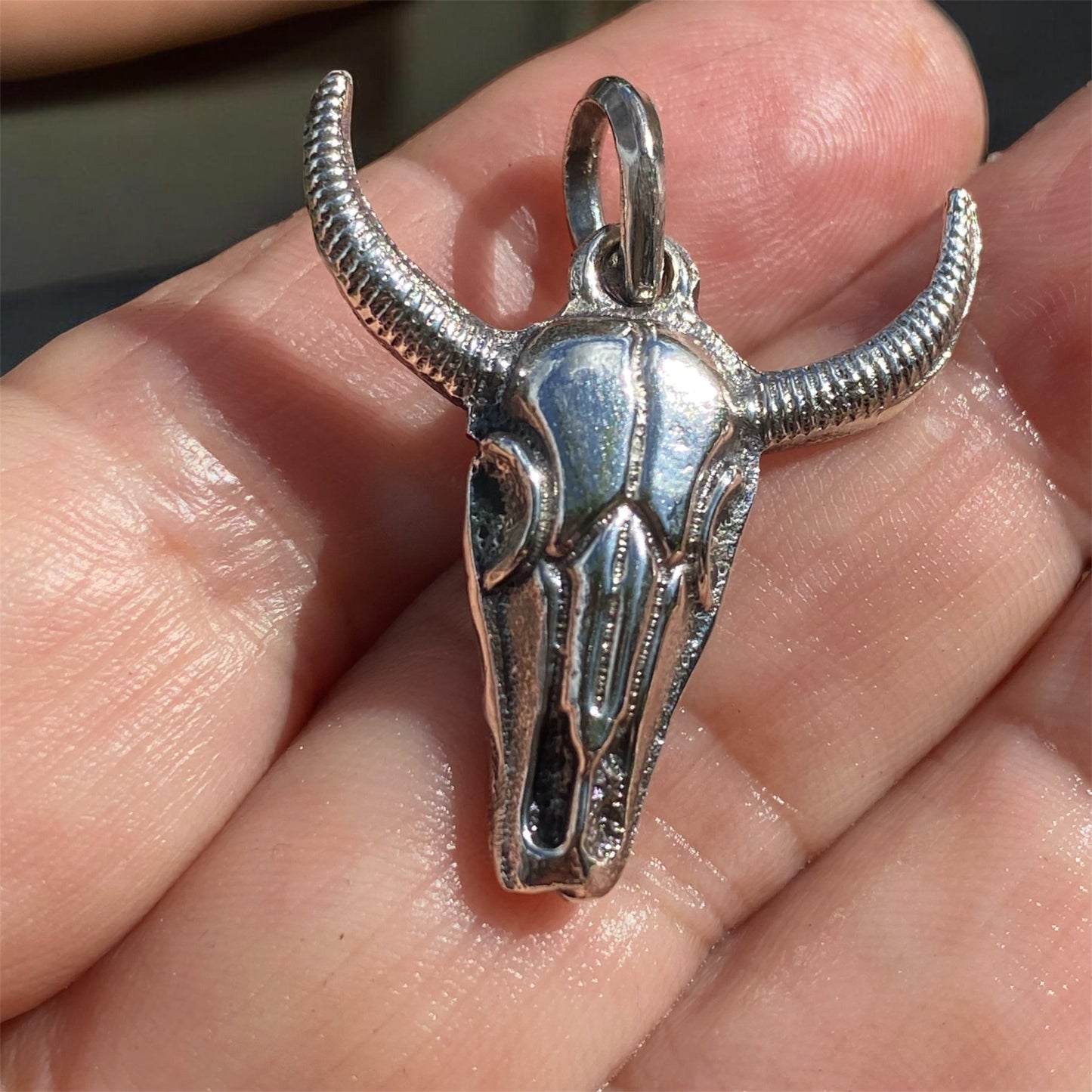 Sterling Silver Longhorn Skull Pendant Western Luxe Hand Cast Delft Clay