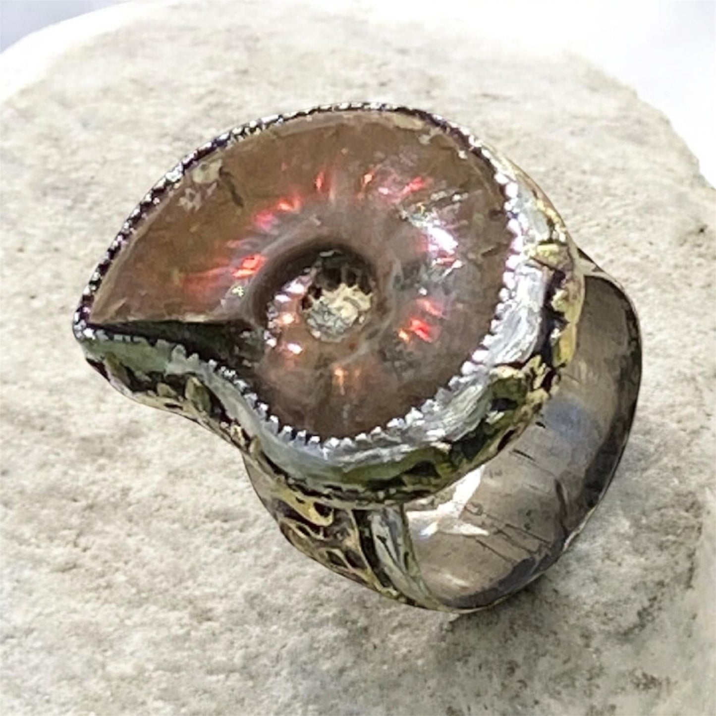 Natural Iridescent Ammonite Fossil Ring Handmade Sterling Silver One of a Kind Statement Ring Size 9