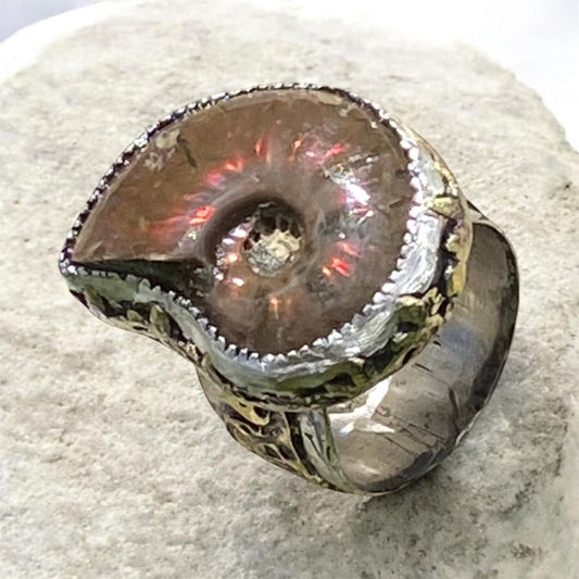 Natural Iridescent Ammonite Fossil Ring Handmade Sterling Silver One of a Kind Statement Ring Size 9