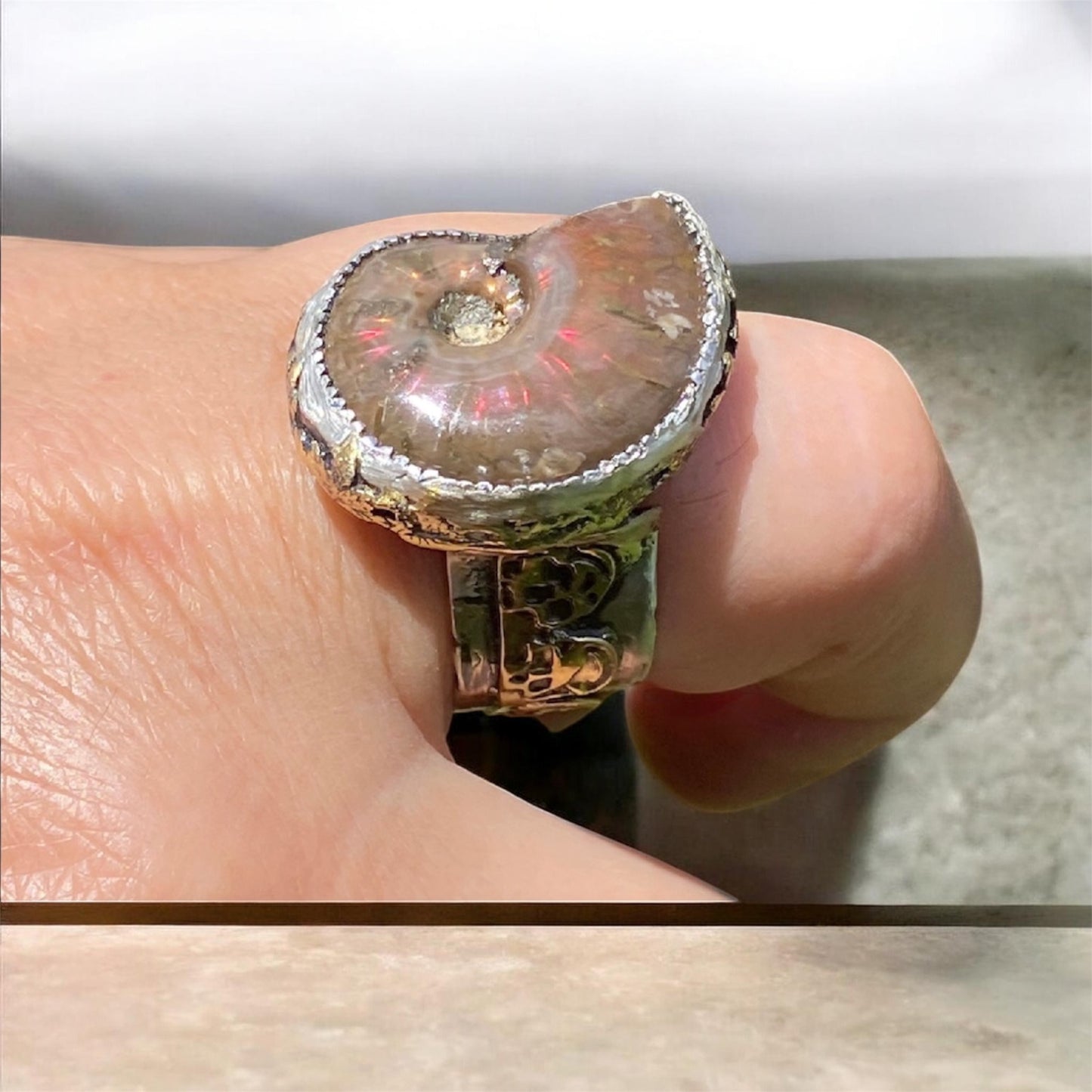 Natural Iridescent Ammonite Fossil Ring Handmade Sterling Silver One of a Kind Statement Ring Size 9