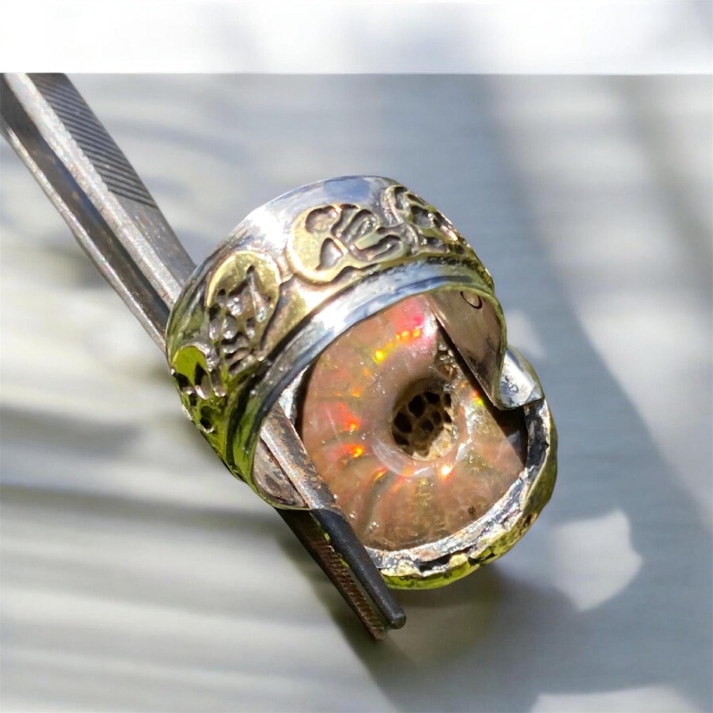 Natural Iridescent Ammonite Fossil Ring Handmade Sterling Silver One of a Kind Statement Ring Size 9