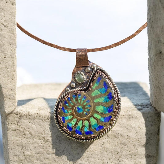 Handmade Ammonite Pendant Copper Blue Green gemstones  Inlay Fossil SOLD