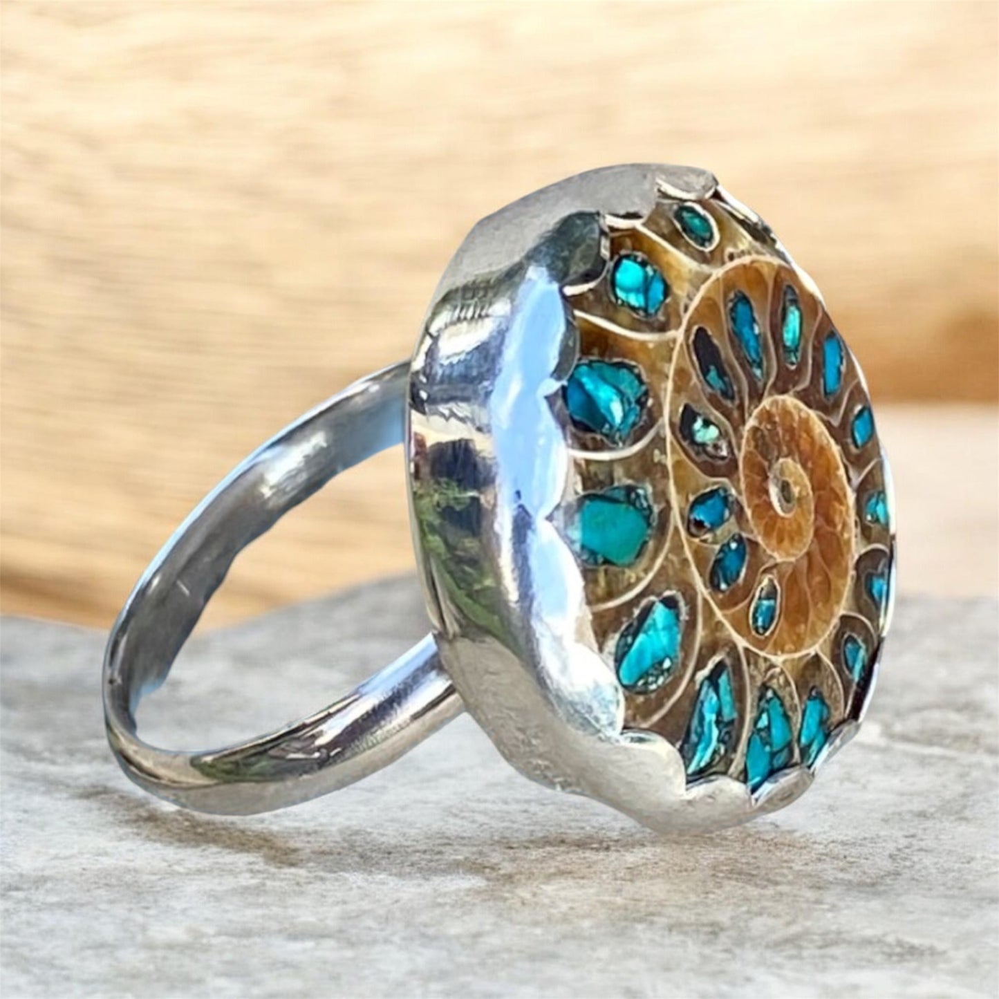 Statement Ammonite Ring Sterling Silver Gemstone Inlay Fossil Cocktail Ring SOLD