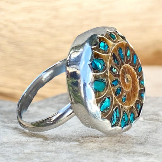 Statement Ammonite Ring Sterling Silver Gemstone Inlay Fossil Cocktail Ring SOLD