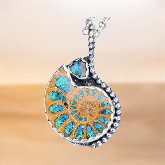 Handmade Ammonite Pendant Sterling Silver Fossil with Turquoise and Opal Detail SOLD
