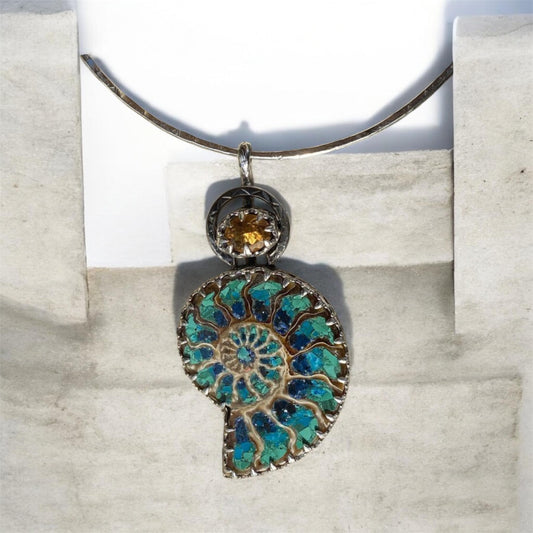 Sterling Silver Ammonite Pendant Gemstone Inlay Fossil Jewellery One of a Kind SOLD