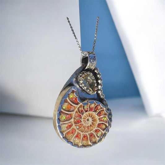Handmade Ammonite Pendant Sterling Silver Mosaic Inlay with Citrine One of a Kind SOLD