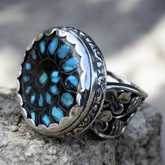 Ammonite Fossil Ring Sterling Silver Turquoise Inlay Statement Ring One of a Kind SOLD