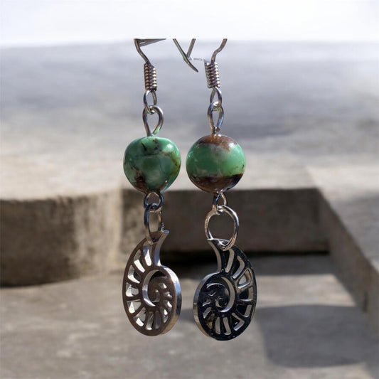 Ammonite Fossil Earrings Sterling Silver Chrysoprase Drop Earrings One of a Kind SOLD