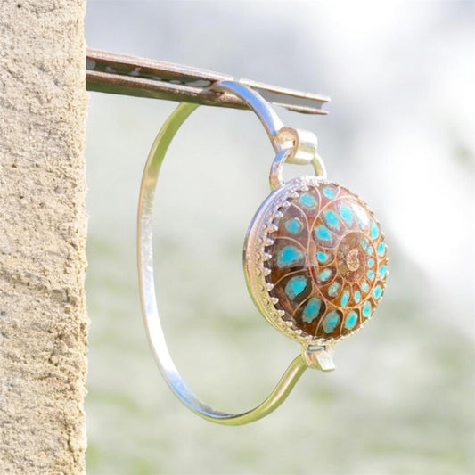 Ammonite Fossil Bangle Sterling Silver Turquoise Inlay Artisan Bracelet SOLD