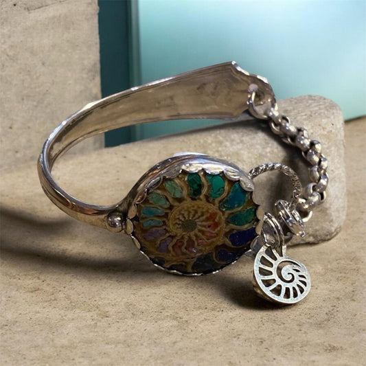 Artisan Ammonite Cuff Bracelet Sterling Silver Fossil Multi Gemstone Inlay One of a Kind SOLD