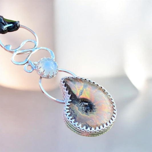 Natural Ammonite Fossil Sterling Silver Pendant and Moonstone SOLD