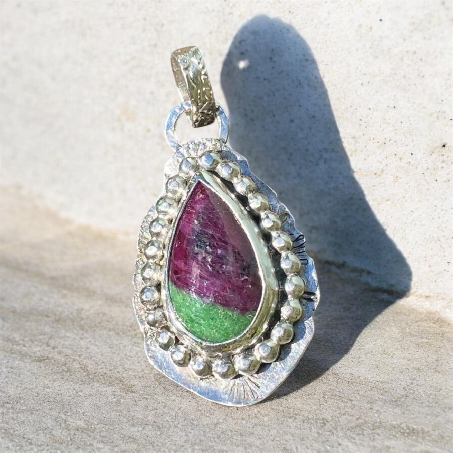 Handmade Ruby Zoisite Pendant Sterling Silver Vintage 900 Silver Spoon 24ct Crystal Necklace