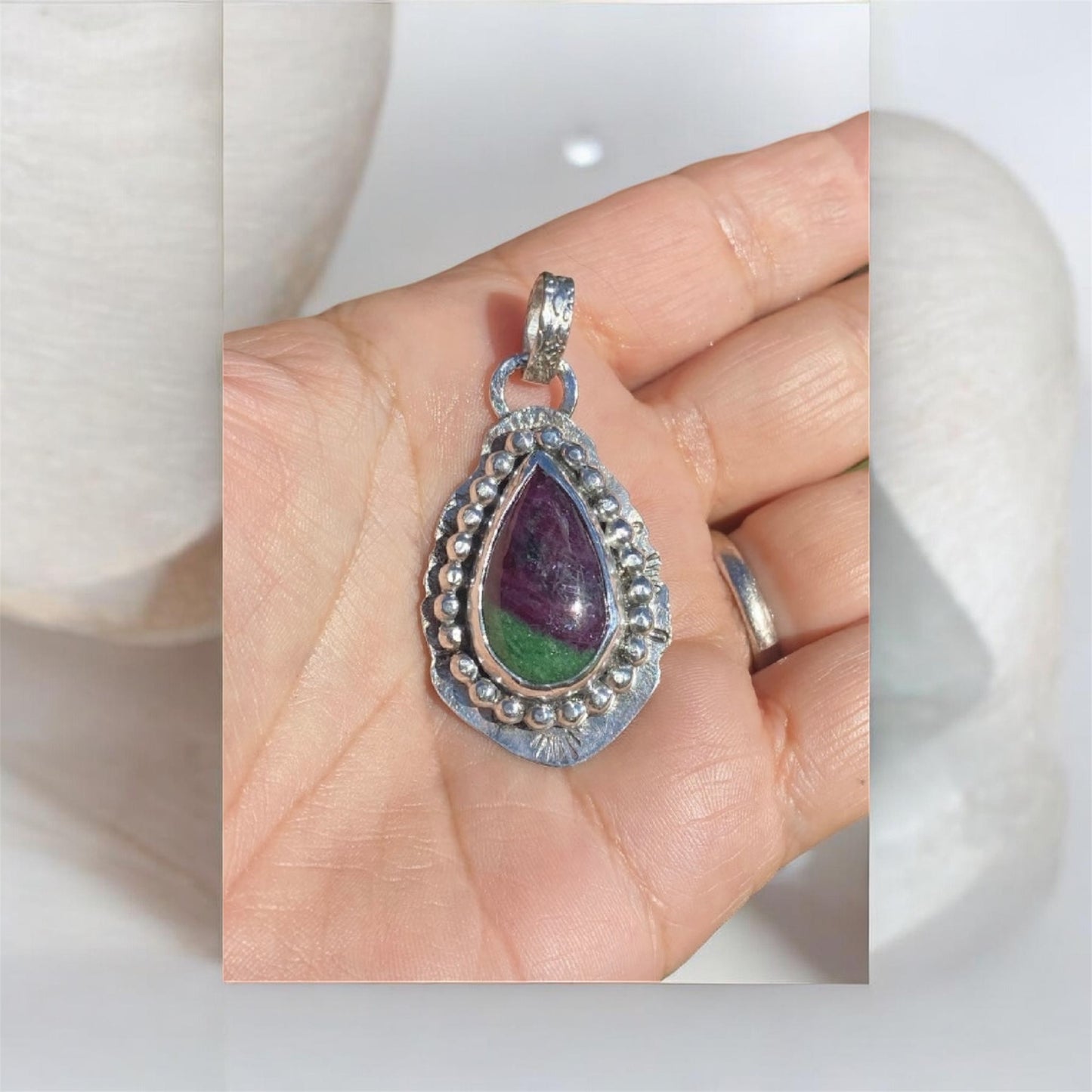 Handmade Ruby Zoisite Pendant Sterling Silver Vintage 900 Silver Spoon 24ct Crystal Necklace
