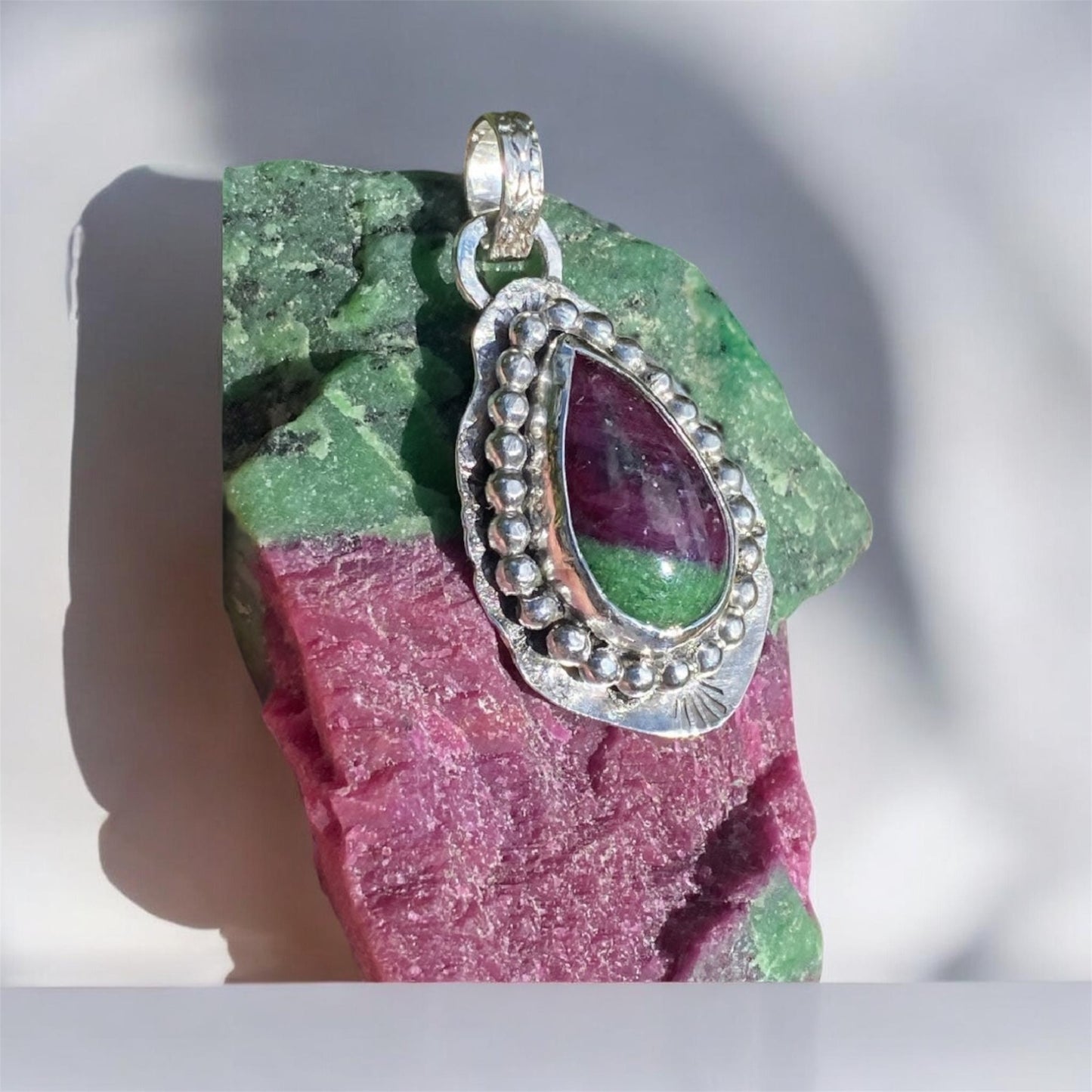 Handmade Ruby Zoisite Pendant Sterling Silver Vintage 900 Silver Spoon 24ct Crystal Necklace