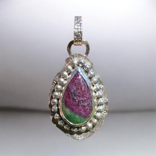 Handmade Ruby Zoisite Pendant Sterling Silver Vintage 900 Silver Spoon 24ct Crystal Necklace