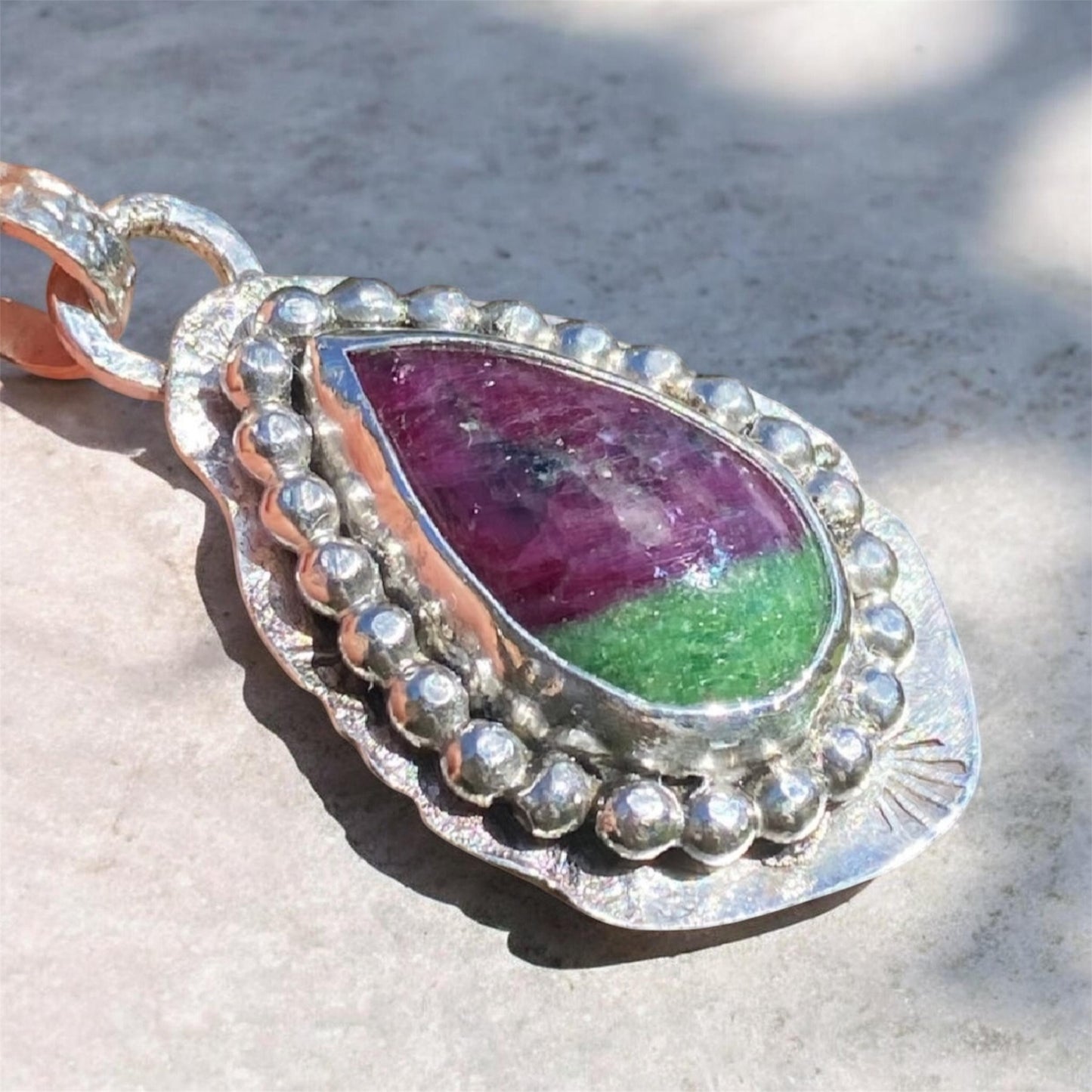 Handmade Ruby Zoisite Pendant Sterling Silver Vintage 900 Silver Spoon 24ct Crystal Necklace