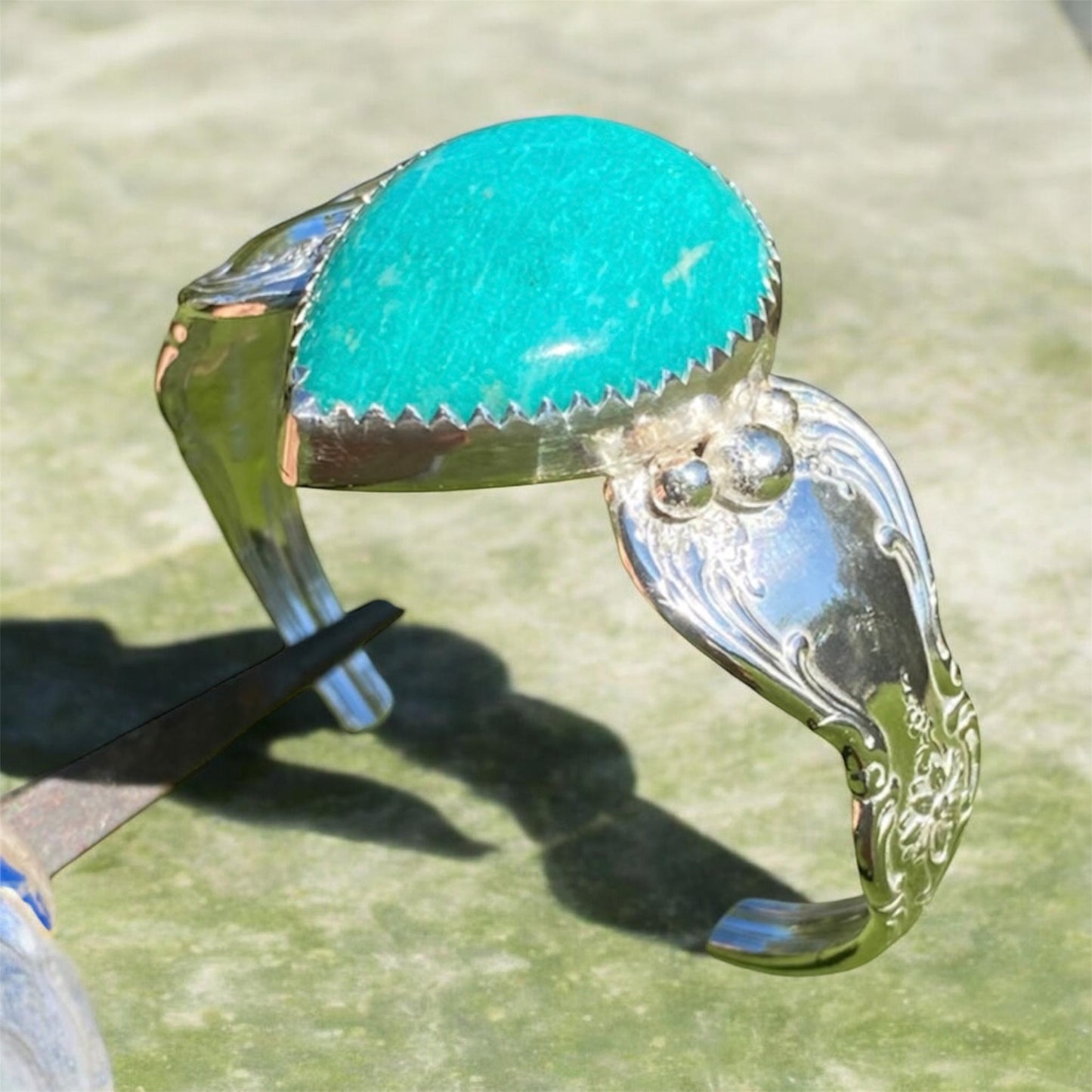 Vintage Towle Sterling Silver Spoon Cuff Bracelet with 52ct Amazonite