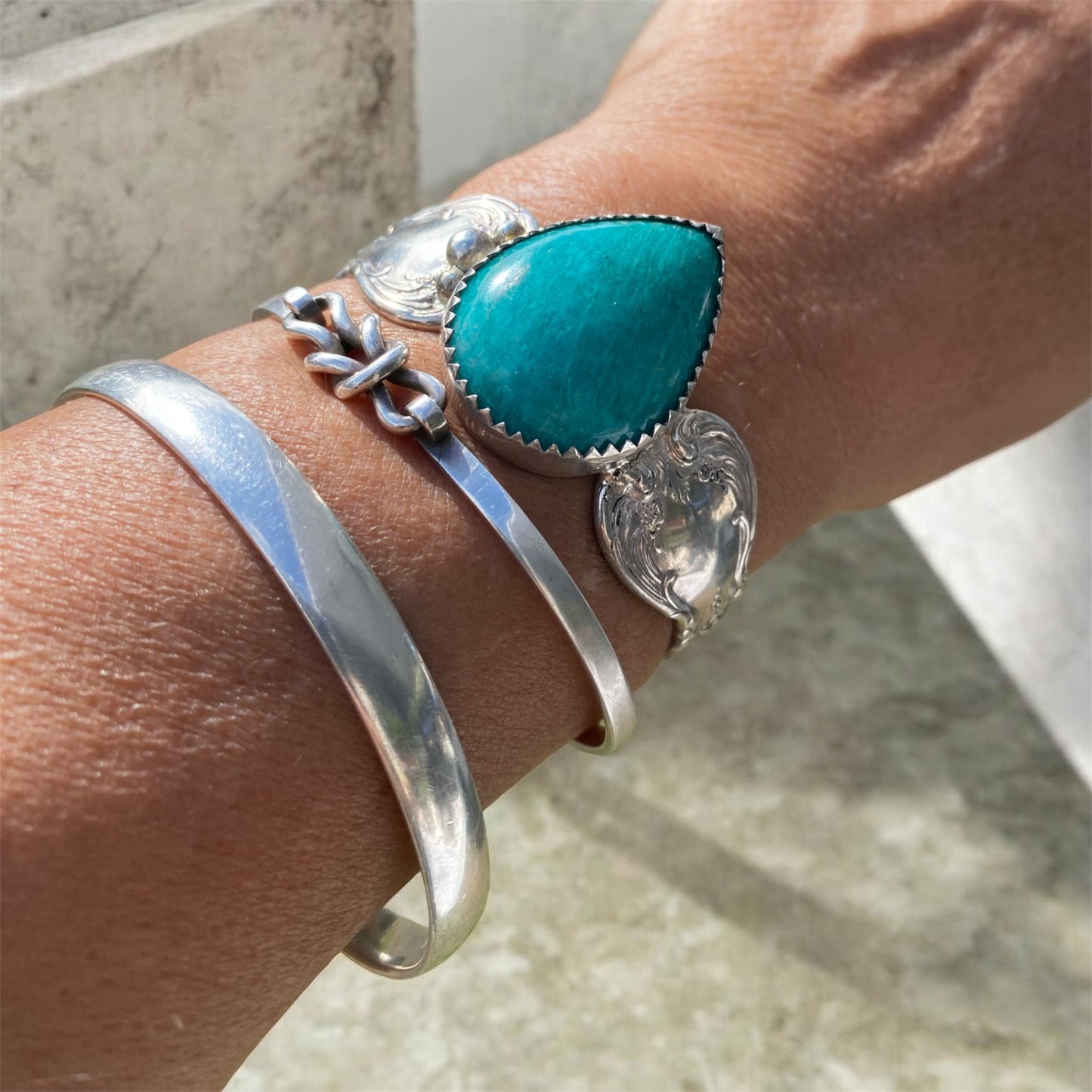 Vintage Towle Sterling Silver Spoon Cuff Bracelet with 52ct Amazonite