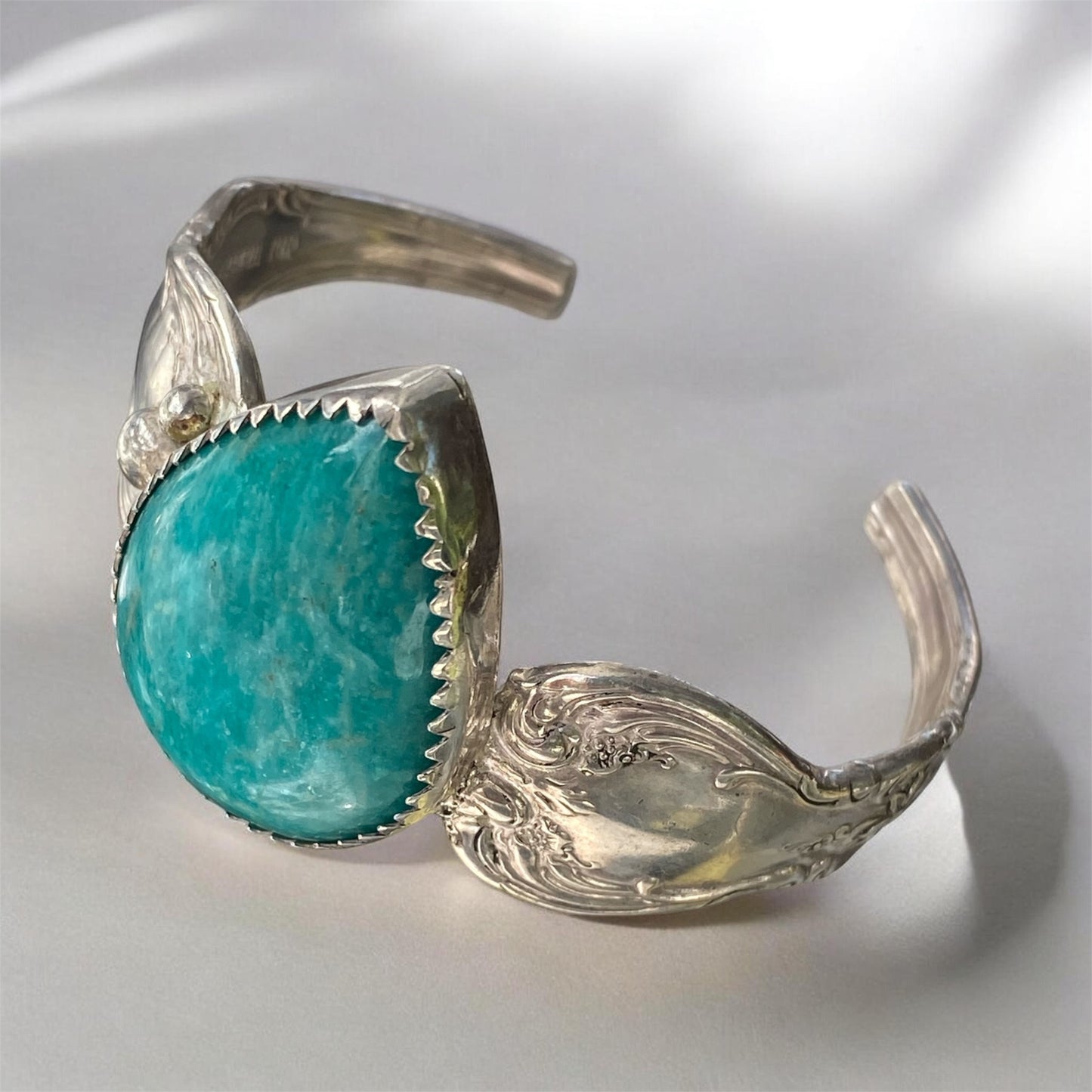 Vintage Towle Sterling Silver Spoon Cuff Bracelet with 52ct Amazonite