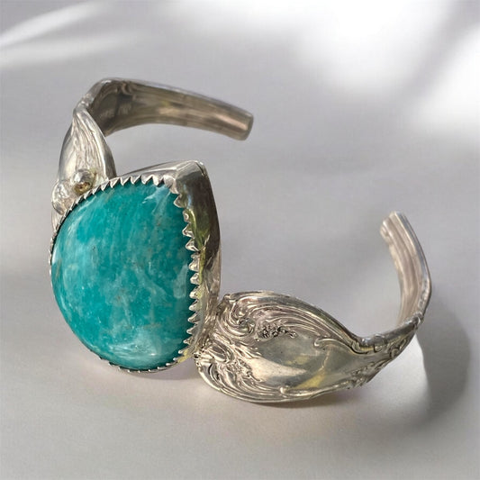Vintage Towle Sterling Silver Spoon Cuff Bracelet with 52ct Amazonite