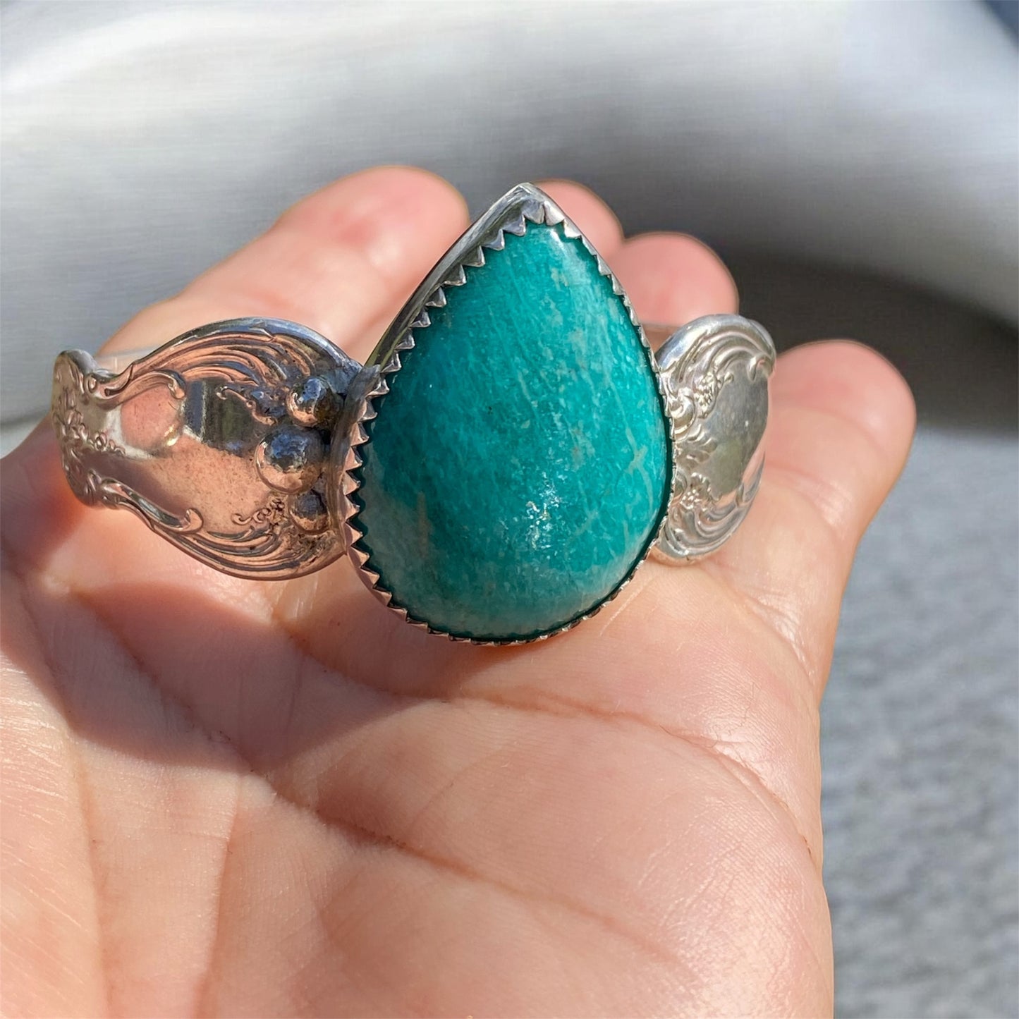 Vintage Towle Sterling Silver Spoon Cuff Bracelet with 52ct Amazonite