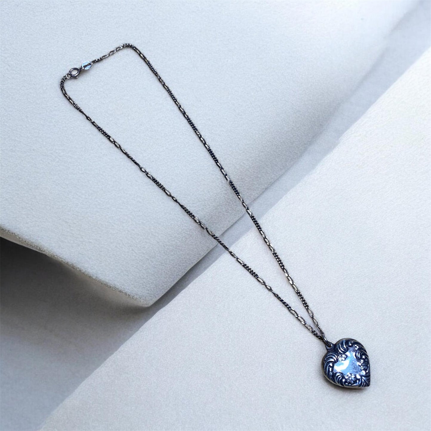 Vintage Sterling Silver Puffy Heart Pendant Necklace