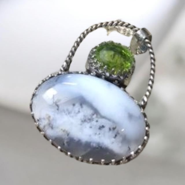 Handcrafted Dendritic Opal & Peridot Sterling Silver Pendant