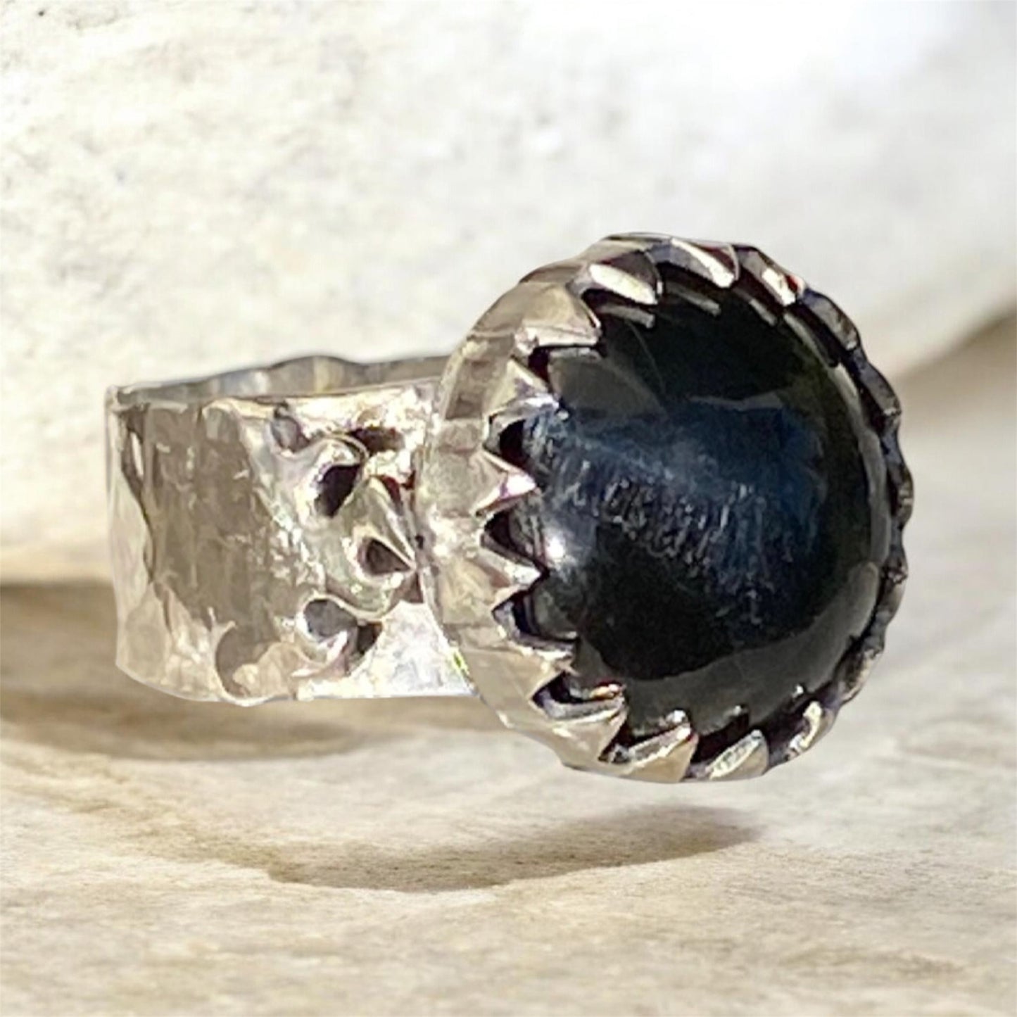 Handmade Blue Tiger's Eye sterling silver flame ring

Handcrafted Blue Tiger's Eye gemstone ring in sterling silver

Blue Tiger's Eye cabochon ring with flame bezel setting

One of a kind artisan sterling silver Blue Tiger's Eye ring