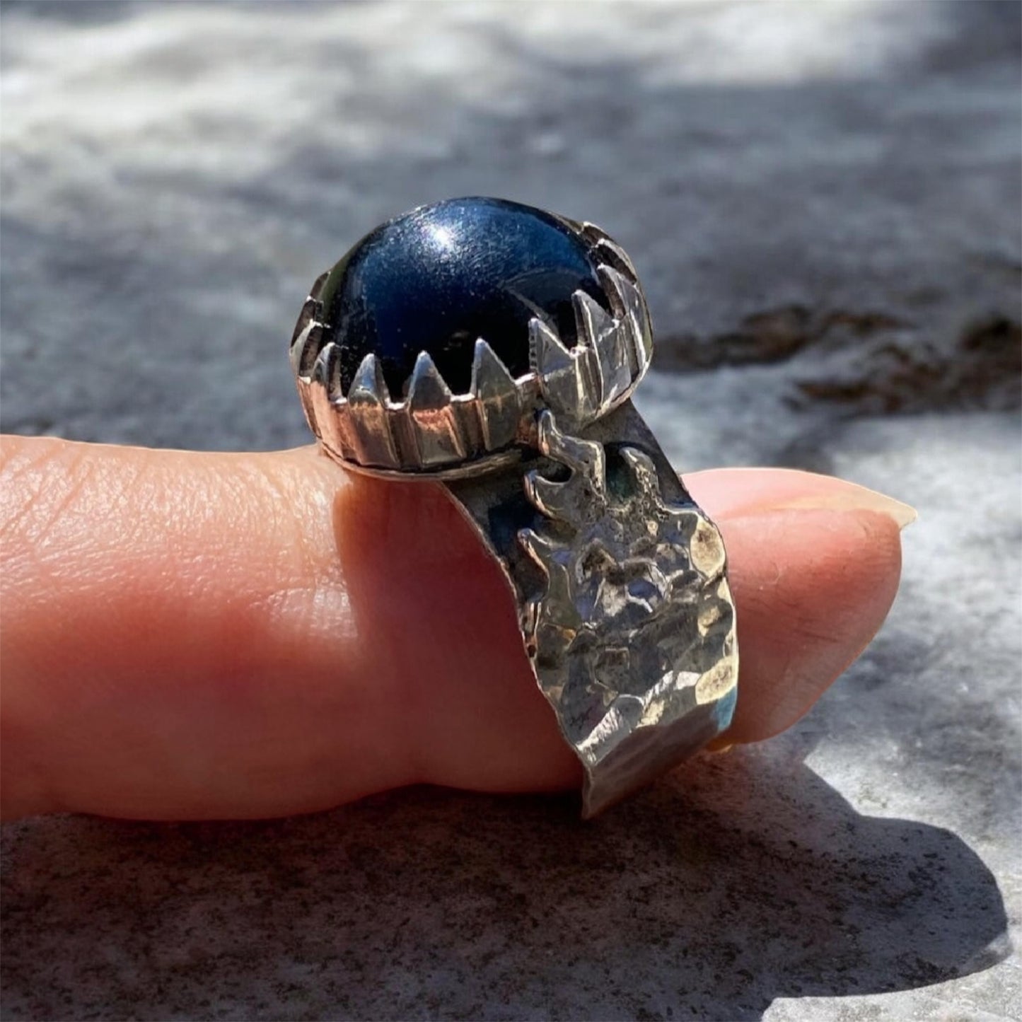 Handmade Blue Tiger's Eye Sterling Silver Flame Ring Artisan Statement Jewellery