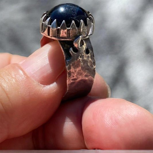 Handmade Blue Tiger's Eye sterling silver flame ring

Handcrafted Blue Tiger's Eye gemstone ring in sterling silver

Blue Tiger's Eye cabochon ring with flame bezel setting

One of a kind artisan sterling silver Blue Tiger's Eye ring