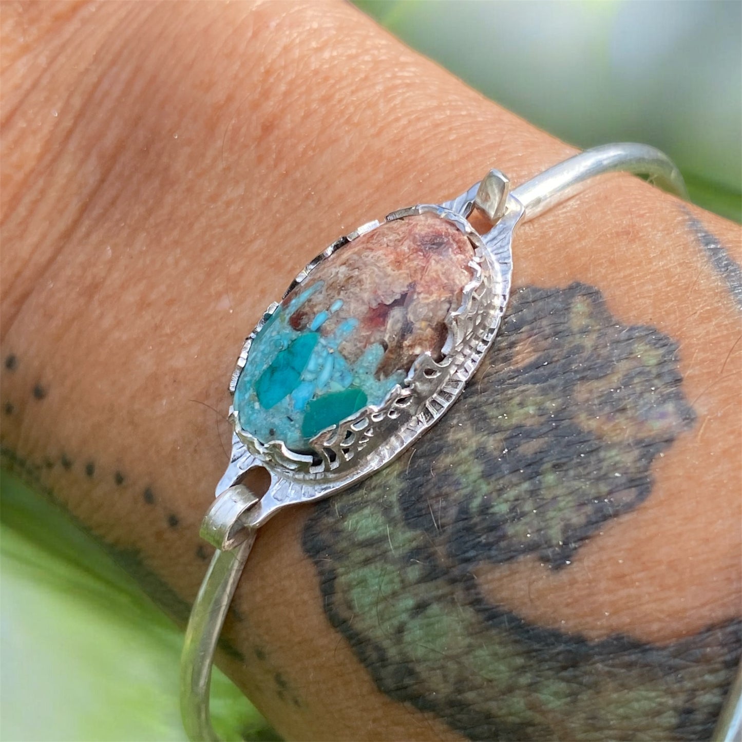 Handcrafted Bacon Opal & Turquoise Sterling Silver Tension Cuff