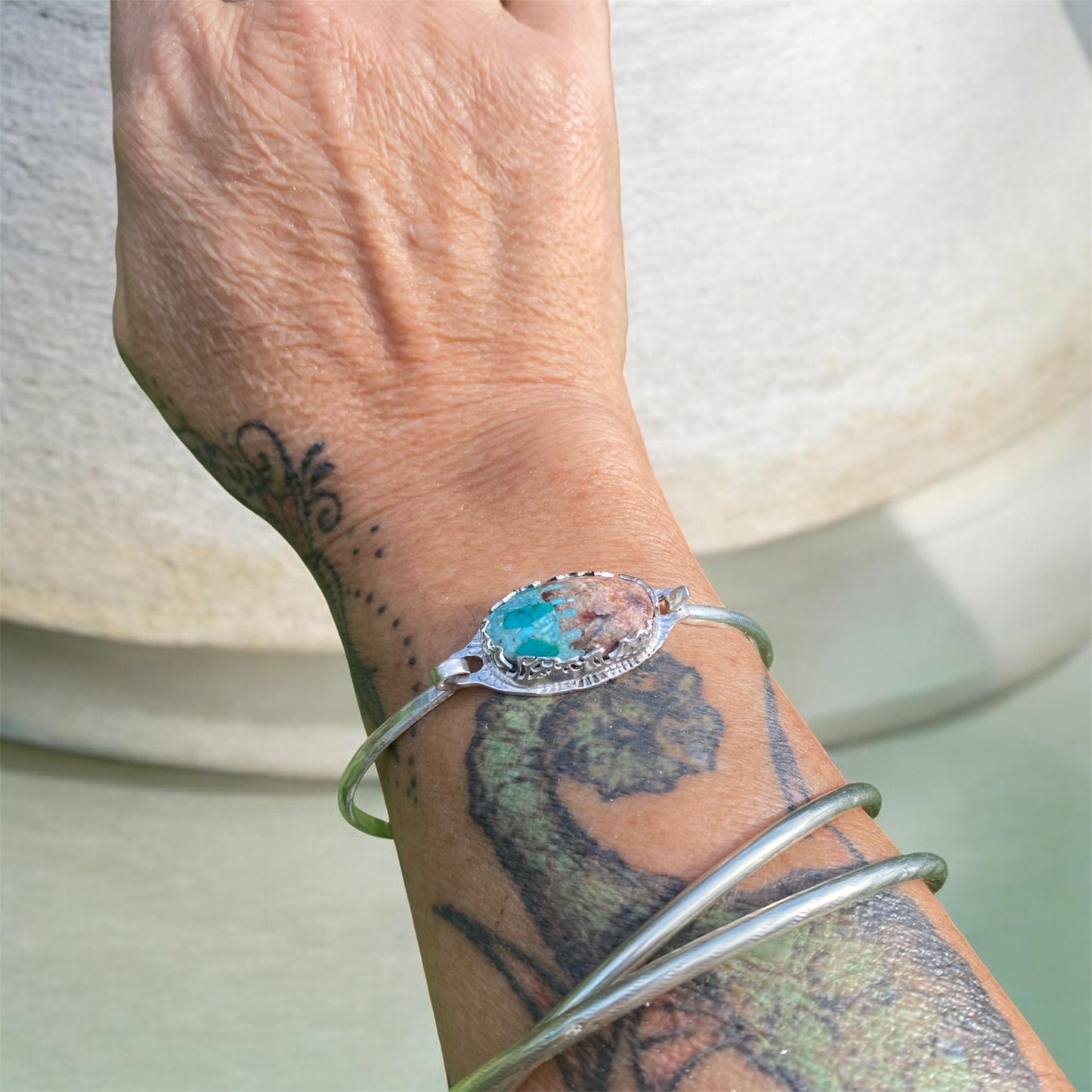 Handcrafted Bacon Opal & Turquoise Sterling Silver Tension Cuff