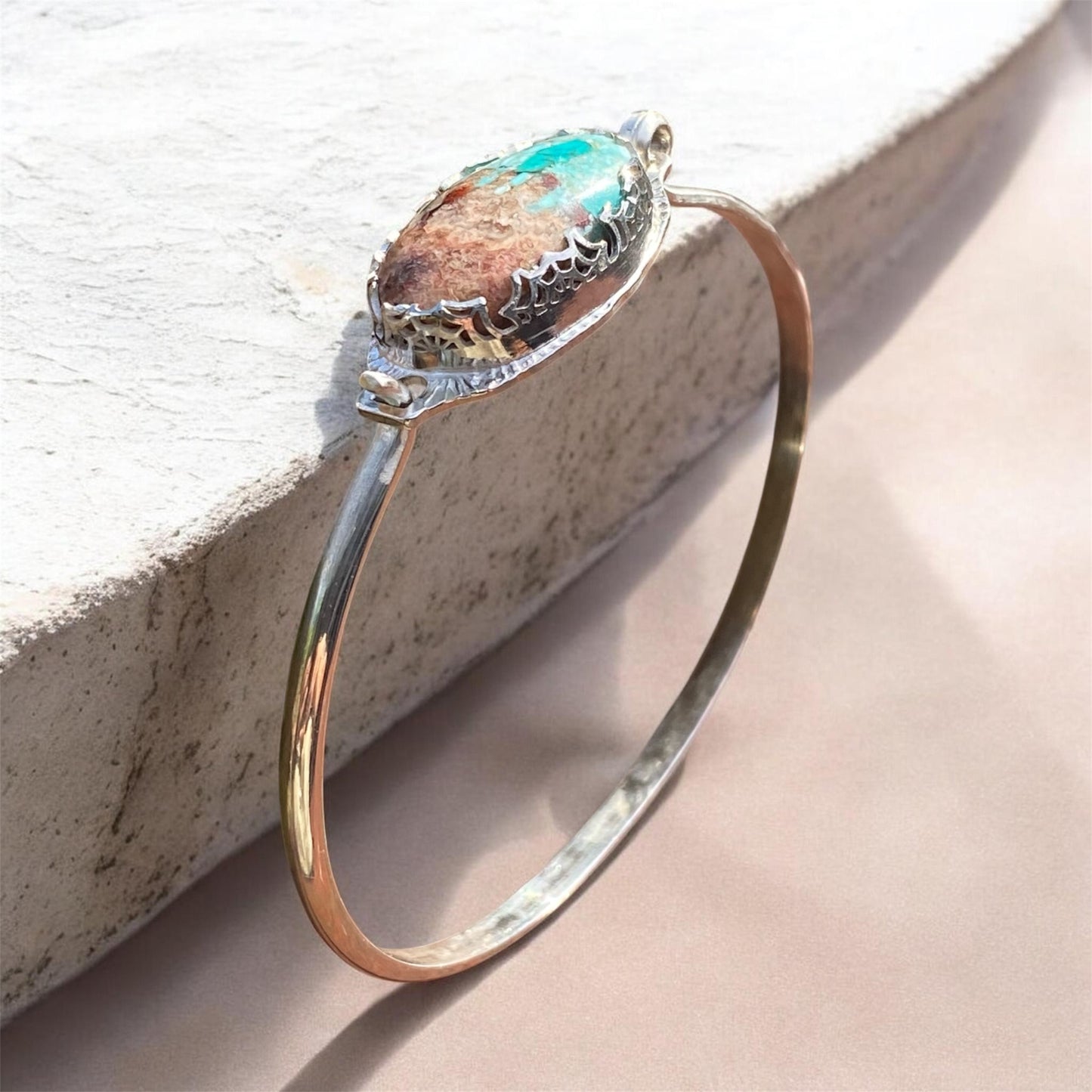 Handcrafted Bacon Opal & Turquoise Sterling Silver Tension Cuff